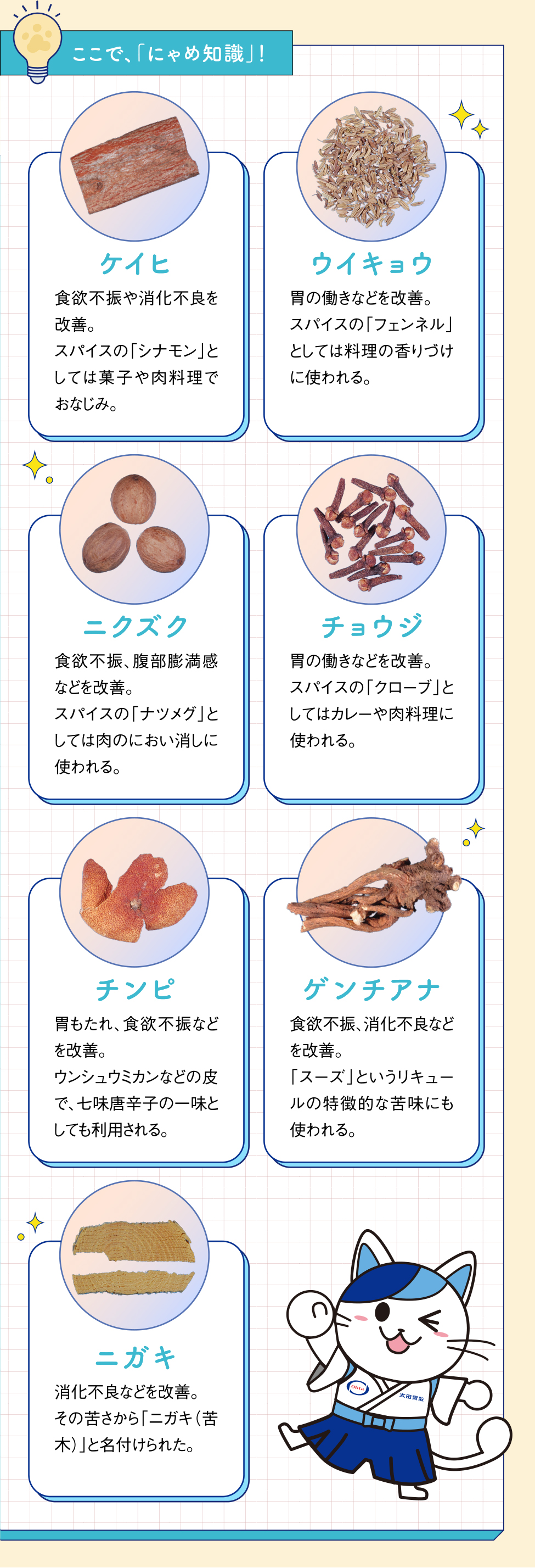 ここで、「にゃめ知識」！ケイヒ 食欲不振や消化不良を改善。スパイスの「シナモン」としては菓子や肉料理でおなじみ。 ウイキョウ 胃の働きなどを改善。スパイスの「フェンネル」としては料理の香りづけに使われる。ニクズク 食欲不振、腹部膨満感などを改善。スパイスの「ナツメグ」としては肉のにおい消しに使われる。 チョウジ 胃の働きなどを改善。スパイスの「クローブ」としてはカレーや肉料理に使われる。チンピ 胃もたれ、食欲不振などを改善。ウンシュウミカンなどの皮で、七味唐辛子の一味としても利用される。ゲンチアナ 食欲不振、消化不良などを改善。「スーズ」というリキュールの特徴的な苦味にも使われる。ニガキ 消化不良などを改善。その苦さから「ニガキ（苦木）」と名付けられた。