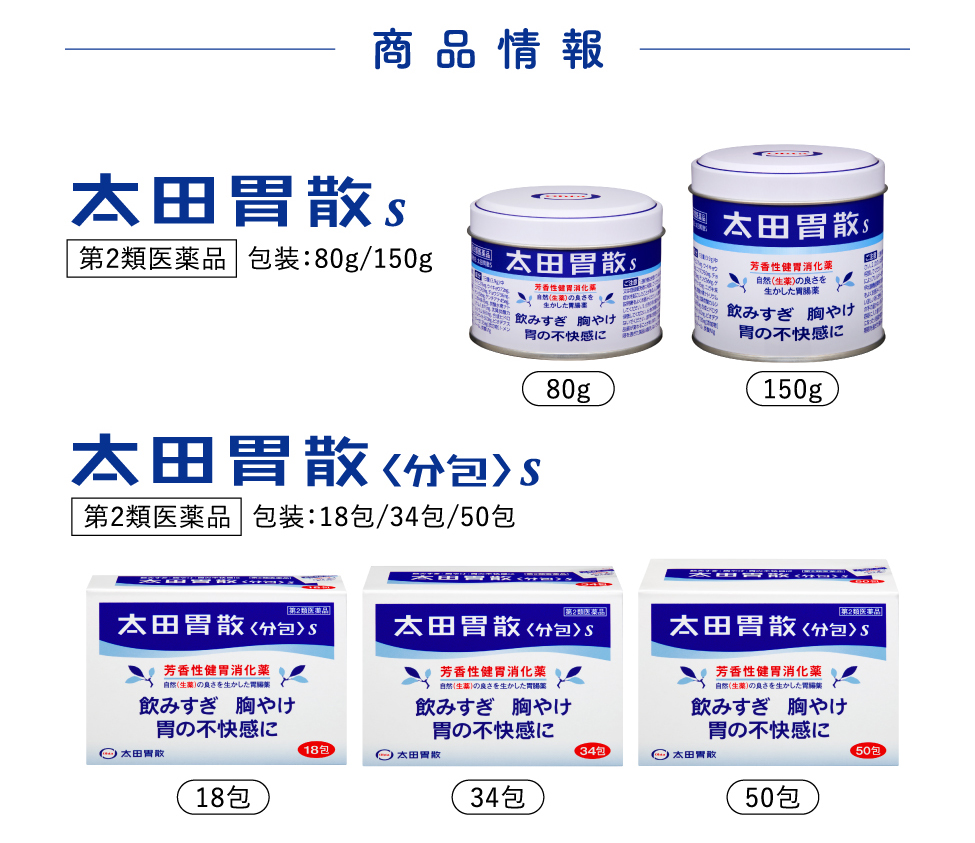 商品情報 太田胃散S 第2類医薬品包装：80g/150g 太田胃散<分包〉S 第2類医薬品 包装：18包/34包/50包