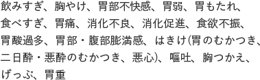 飲みすぎ、胸やけ、胃部不快感、胃弱、胃もたれ、食べすぎ、胃痛、消化不良、消化促進、食欲不振、胃酸過多、胃部・腹部膨満感、はきけ(胃のむかつき、二日酔・悪酔のむかつき、悪心)、嘔吐、胸つかえ、げっぷ、胃重