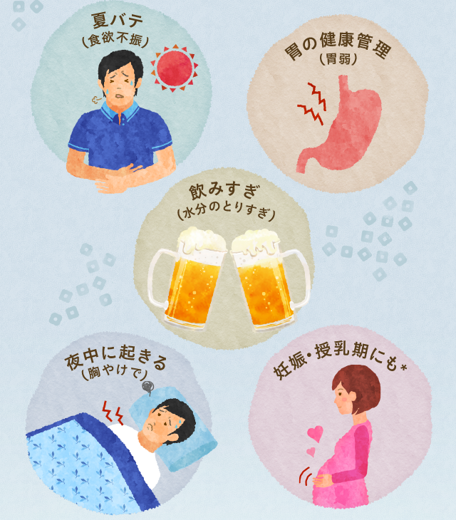 夏バテ（食欲不振） 胃の健康管理 （胃弱） 飲みすぎ （水分のとりすぎ） 夜中に起きる（胸やけで） 妊娠・授乳期にも*