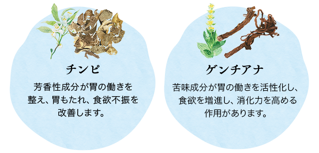 チンピ 芳香性成分が胃の働きを整え、胃もたれ、食欲不振を改善します。 ゲンチアナ 苦味成分が胃の働きを活性化し、食欲を増進し、消化力を高める作用があります。